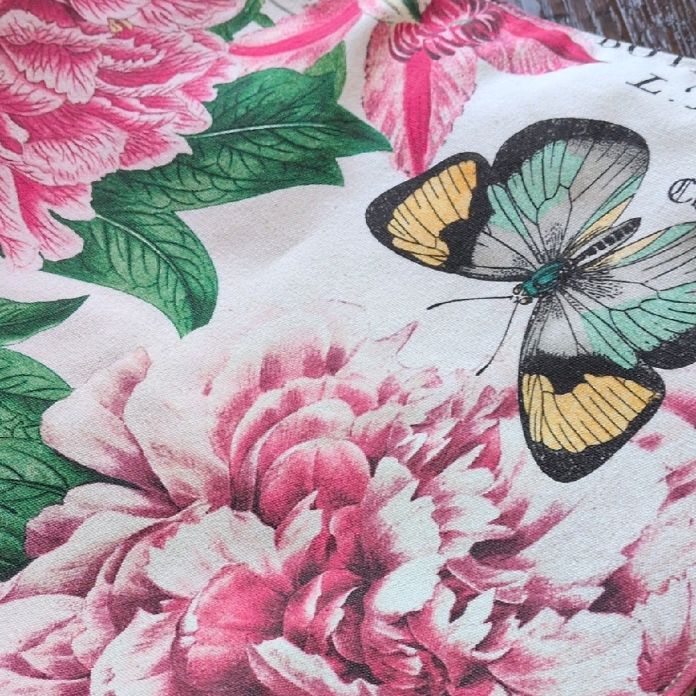 MICHEL DESIGN WORKS I Fabric Floral Butterfly Canvas Tote Bag w/ Burlap Handles - Picture 5 of 14